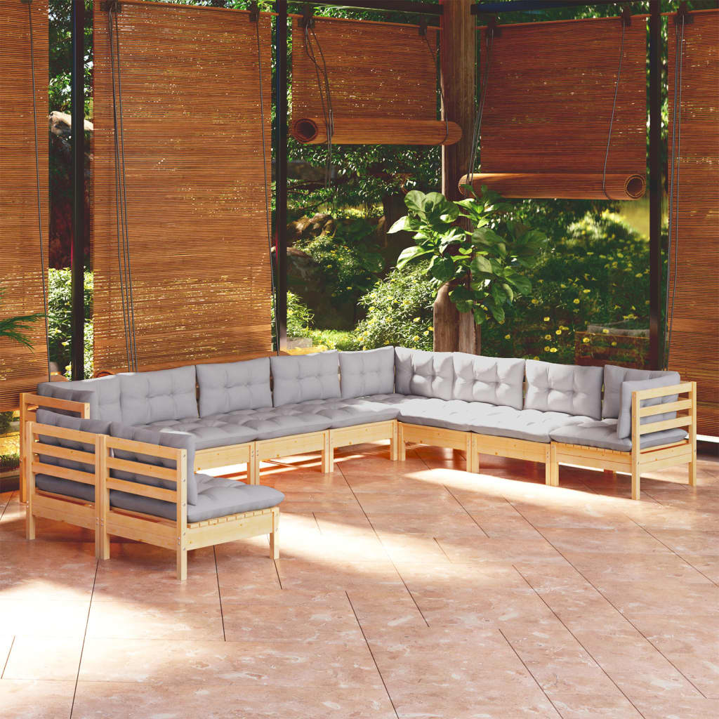 10-tlg. Garten-Lounge-Set mit Grauen Kissen Massivholz Kiefer