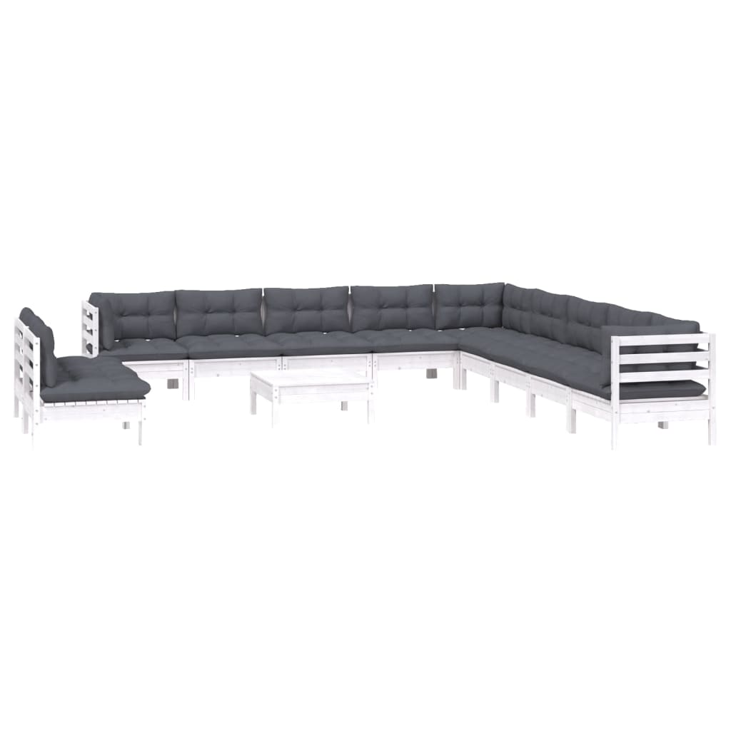 12-tlg. Garten-Lounge-Set mit Kissen Weiß Massivholz Kiefer