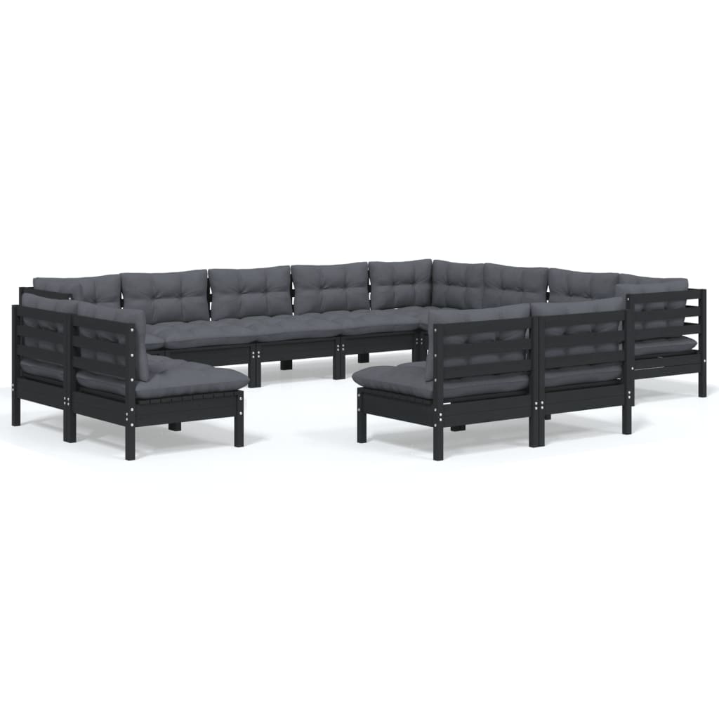 12-tlg. Garten-Lounge-Set mit Kissen Schwarz Massivholz Kiefer