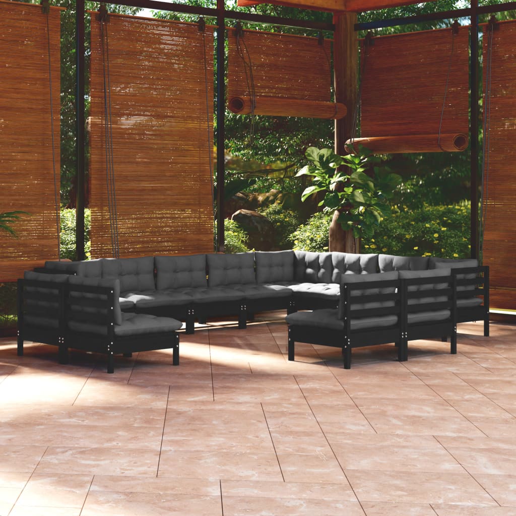 12-tlg. Garten-Lounge-Set mit Kissen Schwarz Massivholz Kiefer