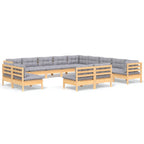 13-tlg. Garten-Lounge-Set mit Grauen Kissen Massivholz Kiefer