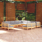 13-tlg. Garten-Lounge-Set mit Grauen Kissen Massivholz Kiefer