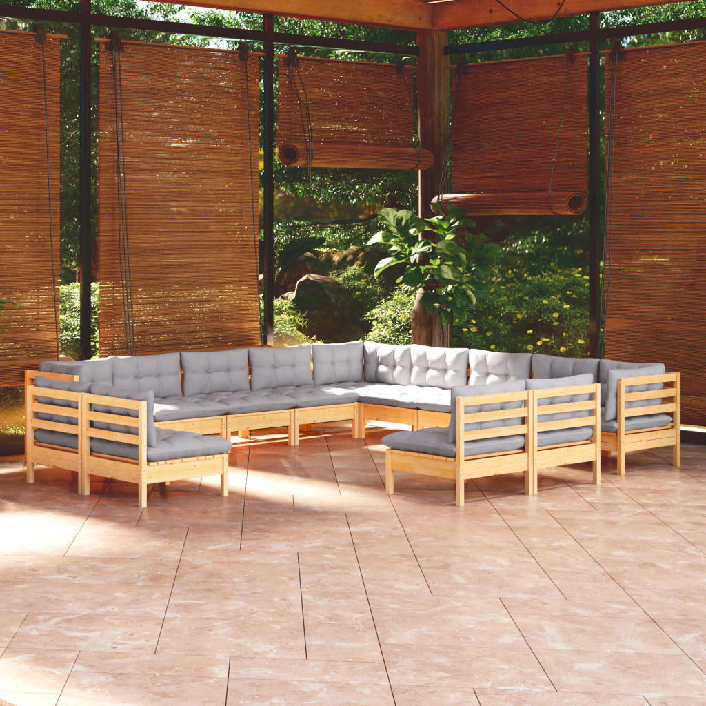 13-tlg. Garten-Lounge-Set mit Grauen Kissen Massivholz Kiefer