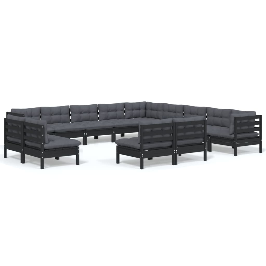 13-tlg. Garten-Lounge-Set mit Kissen Schwarz Massivholz Kiefer