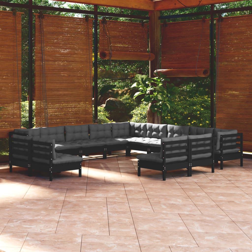 13-tlg. Garten-Lounge-Set mit Kissen Schwarz Massivholz Kiefer