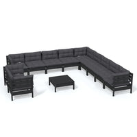 12-tlg. Garten-Lounge-Set mit Kissen Schwarz Massivholz Kiefer