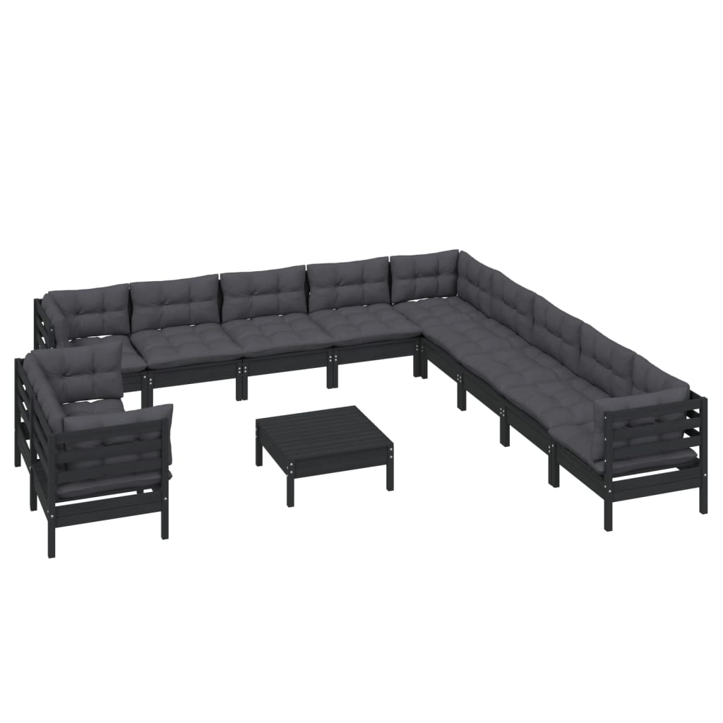 12-tlg. Garten-Lounge-Set mit Kissen Schwarz Massivholz Kiefer