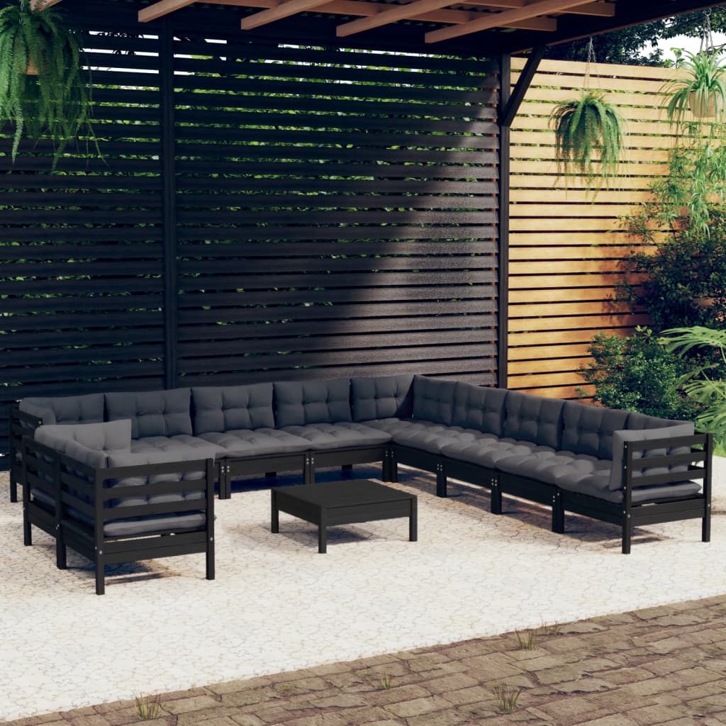 12-tlg. Garten-Lounge-Set mit Kissen Schwarz Massivholz Kiefer