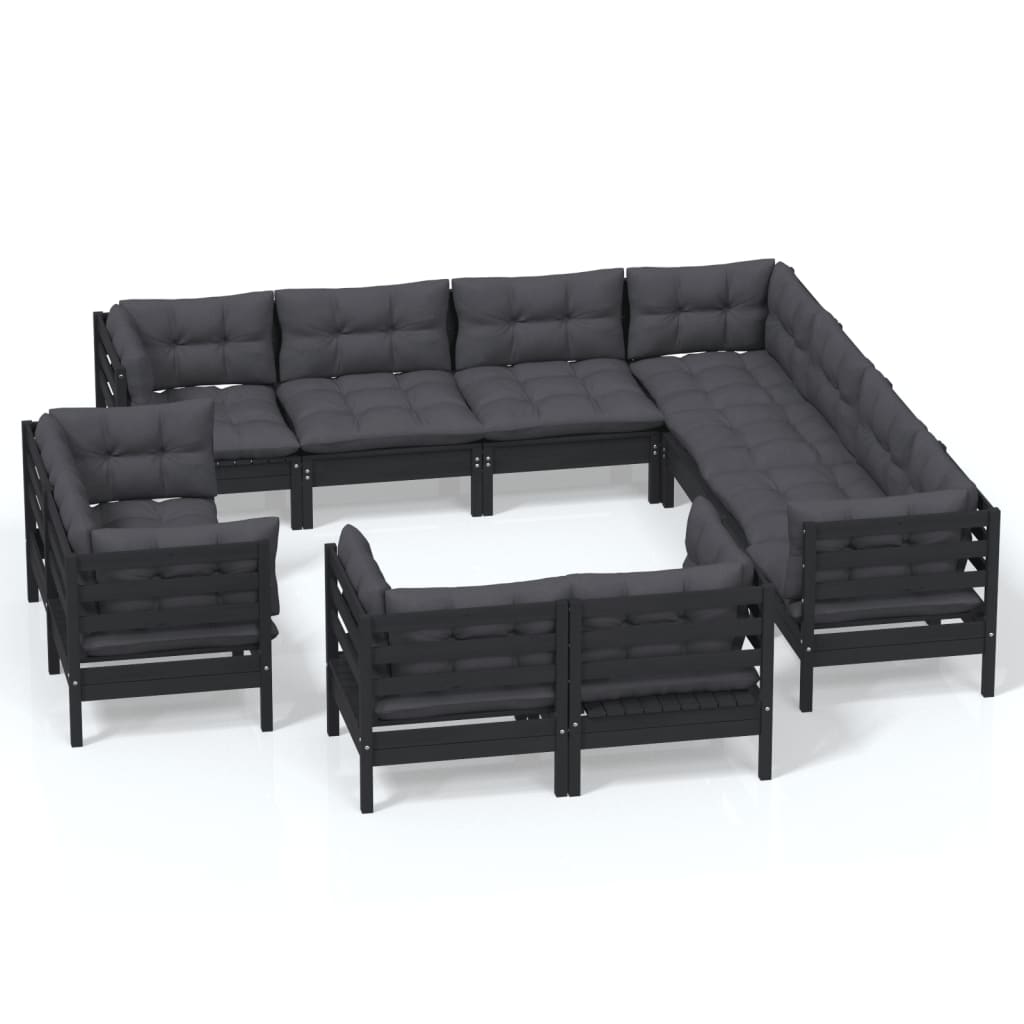 11-tlg. Garten-Lounge-Set mit Kissen Schwarz Massivholz Kiefer