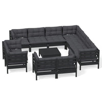 12-tlg. Garten-Lounge-Set mit Kissen Schwarz Massivholz Kiefer