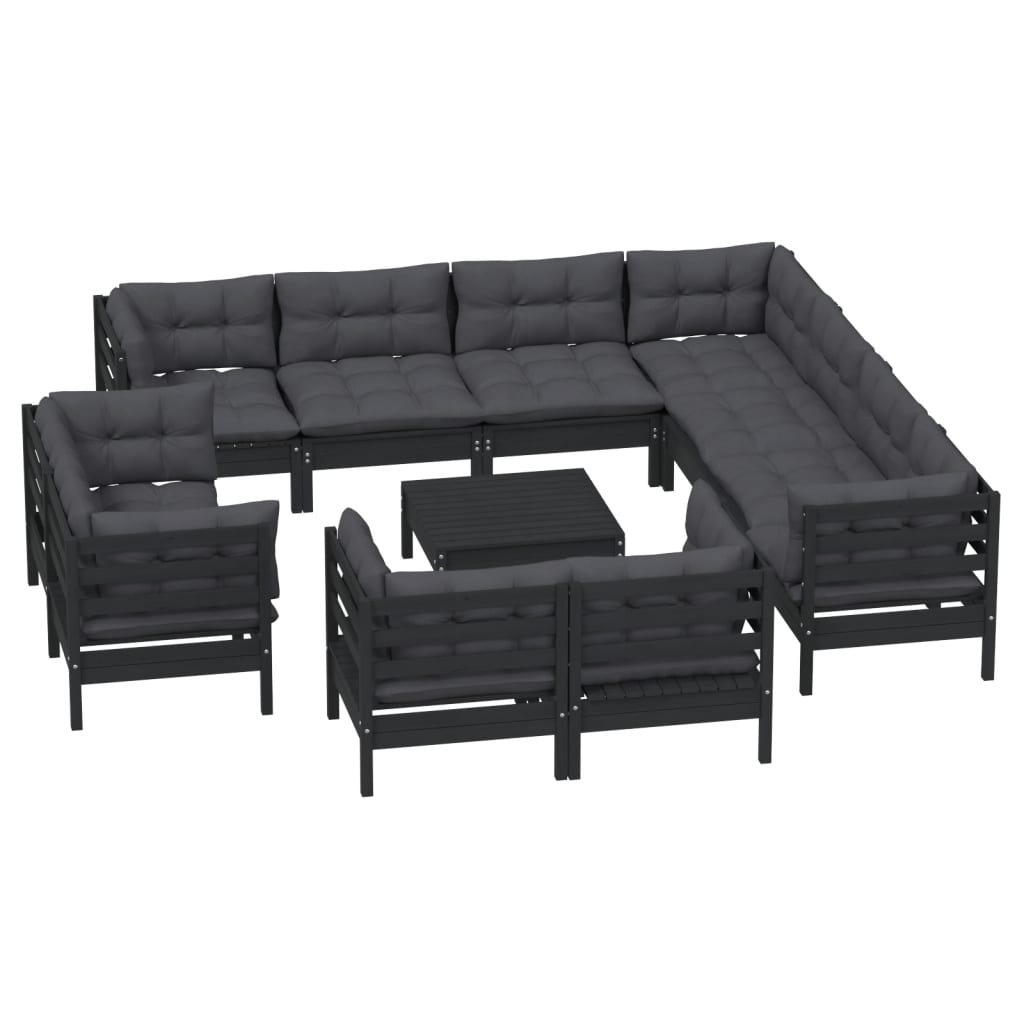 12-tlg. Garten-Lounge-Set mit Kissen Schwarz Massivholz Kiefer