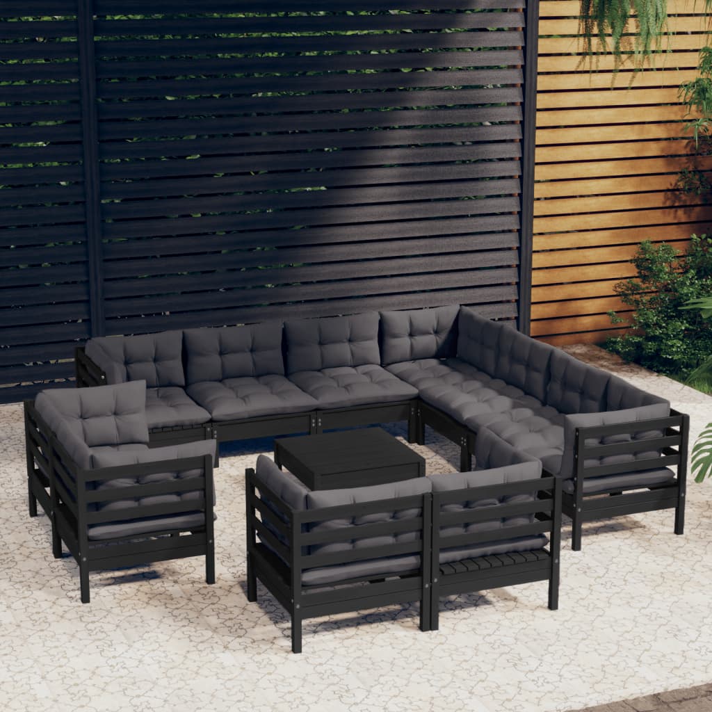 12-tlg. Garten-Lounge-Set mit Kissen Schwarz Massivholz Kiefer