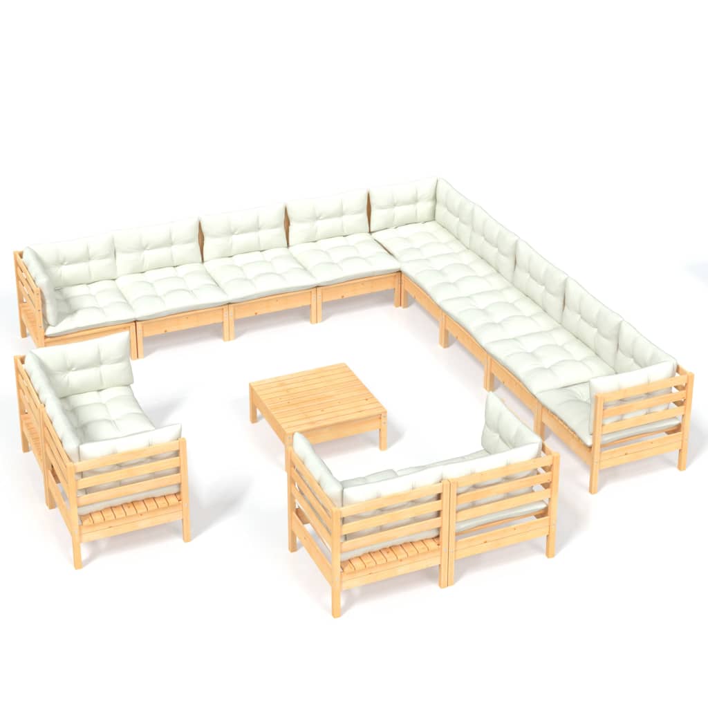 14-tlg. Garten-Lounge-Set mit Creme Kissen Massivholz Kiefer