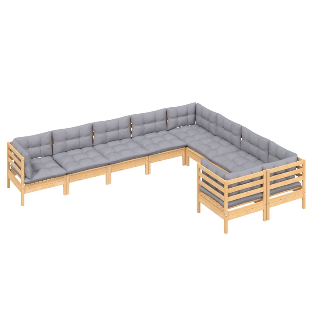 9-tlg. Garten-Lounge-Set mit Grauen Kissen Kiefernholz