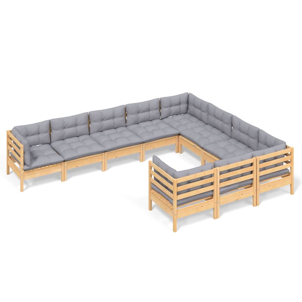 10-tlg. Garten-Lounge-Set mit Grauen Kissen Kiefernholz