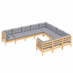 10-tlg. Garten-Lounge-Set mit Grauen Kissen Kiefernholz