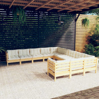 11-tlg. Garten-Lounge-Set mit Creme Kissen Kiefernholz