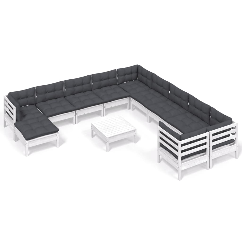 12-tlg. Garten-Lounge-Set mit Kissen Weiß Kiefernholz