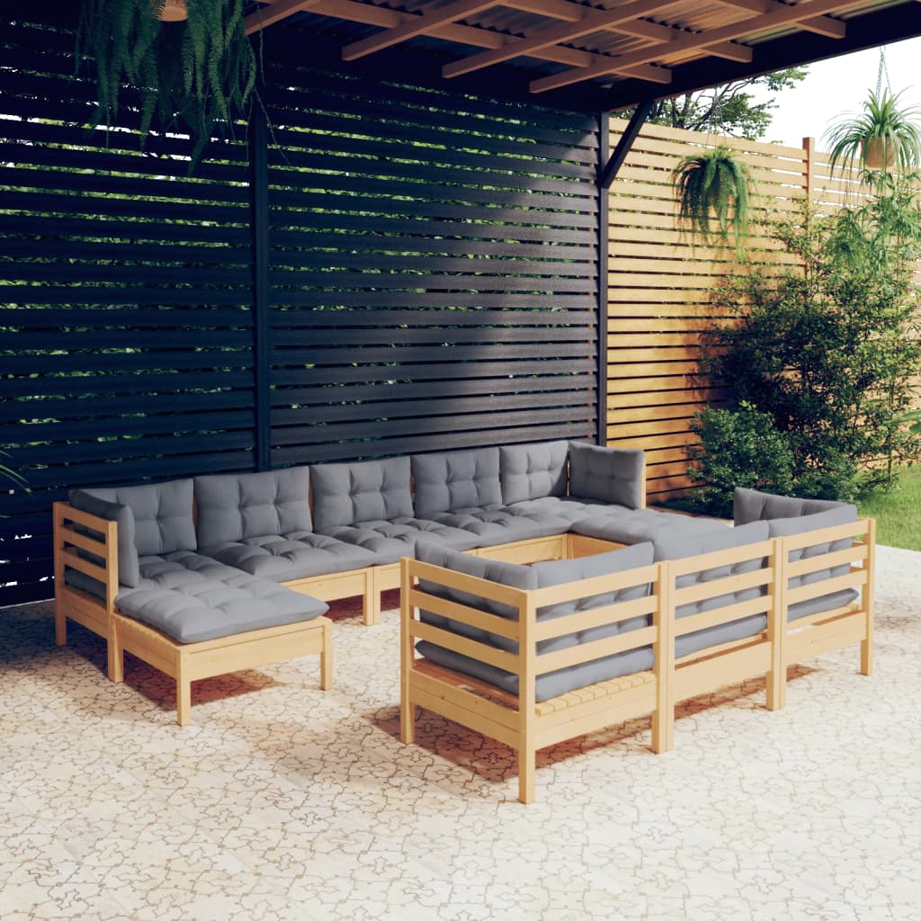 10-tlg. Garten-Lounge-Set mit Grauen Kissen Kiefer Massivholz
