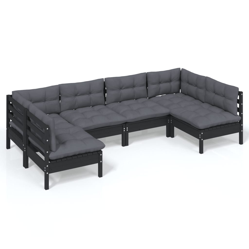 6-tlg. Garten-Lounge-Set mit Kissen Schwarz Kiefer Massivholz