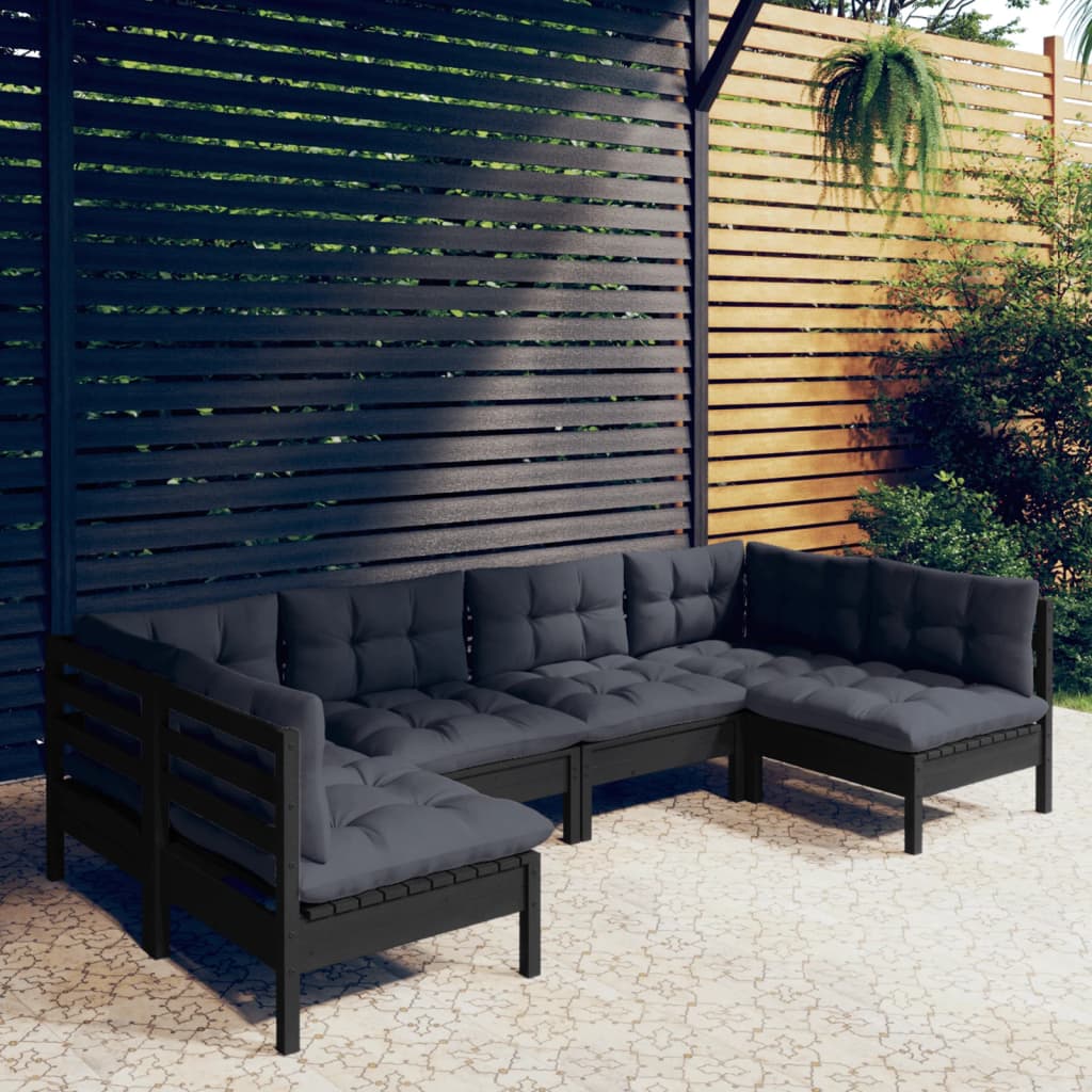 6-tlg. Garten-Lounge-Set mit Kissen Schwarz Kiefer Massivholz