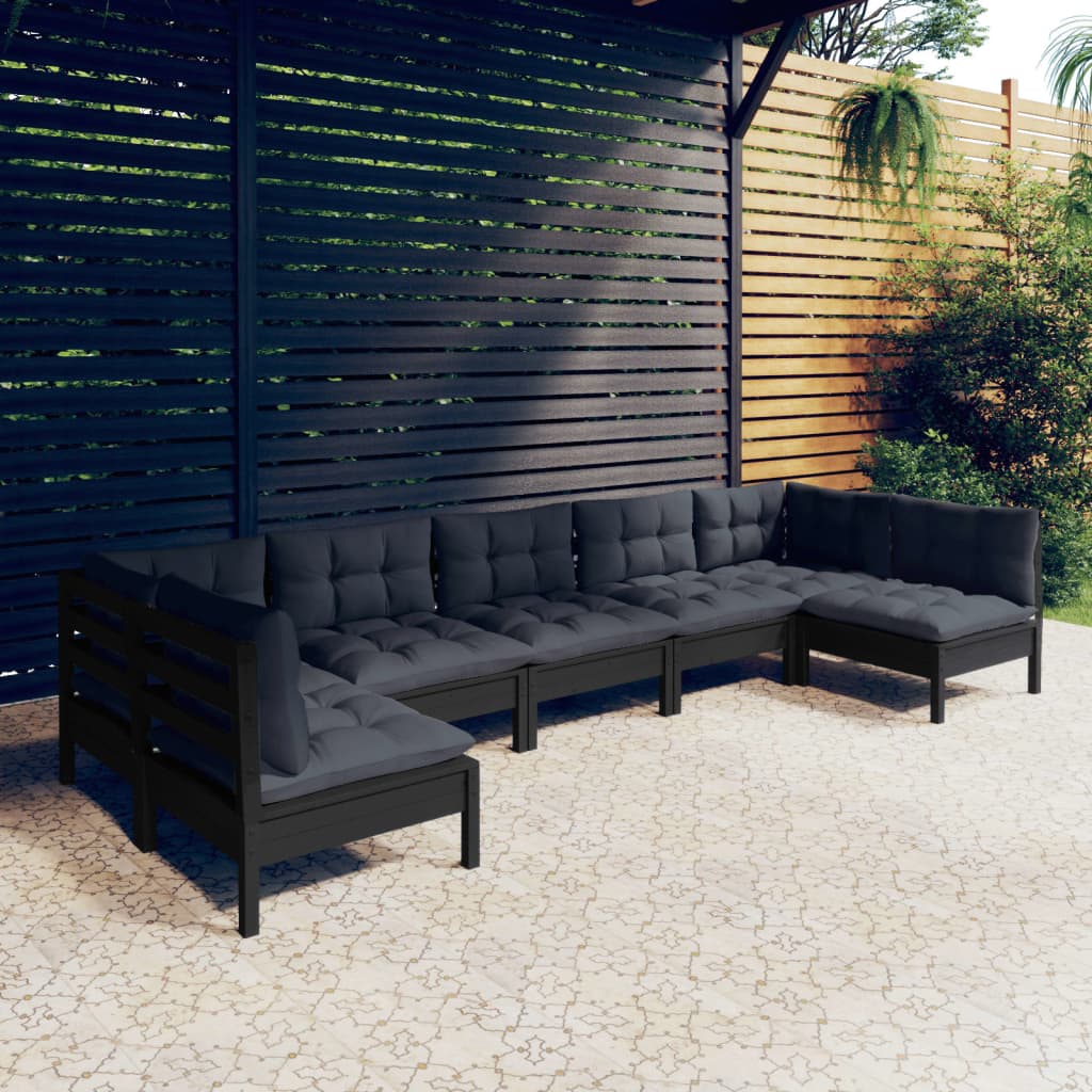 7-tlg. Garten-Lounge-Set mit Kissen Schwarz Massivholz Kiefer