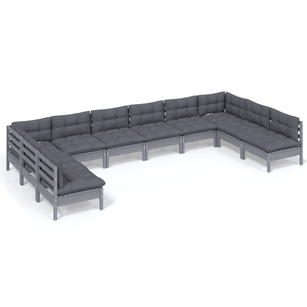 10-tlg. Garten-Lounge-Set mit Kissen Grau Kiefer Massivholz