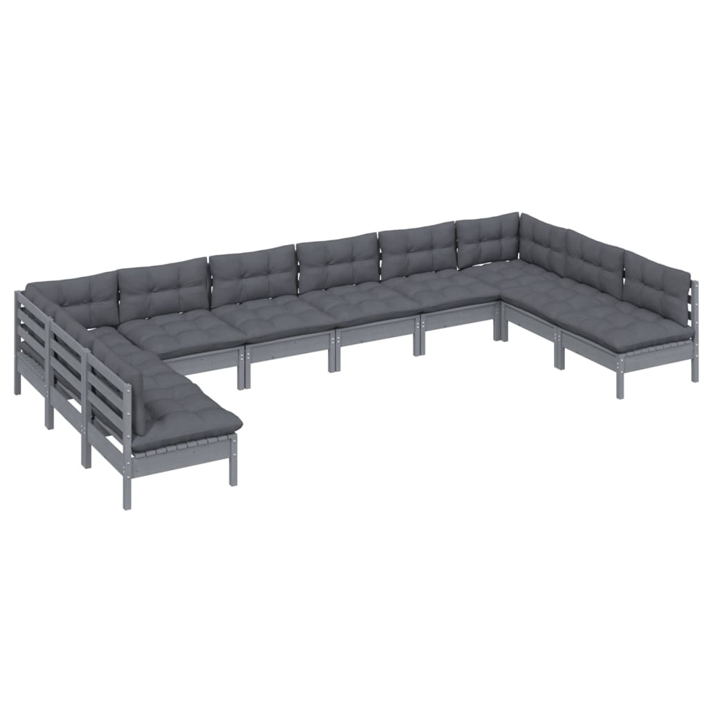 10-tlg. Garten-Lounge-Set mit Kissen Grau Kiefer Massivholz