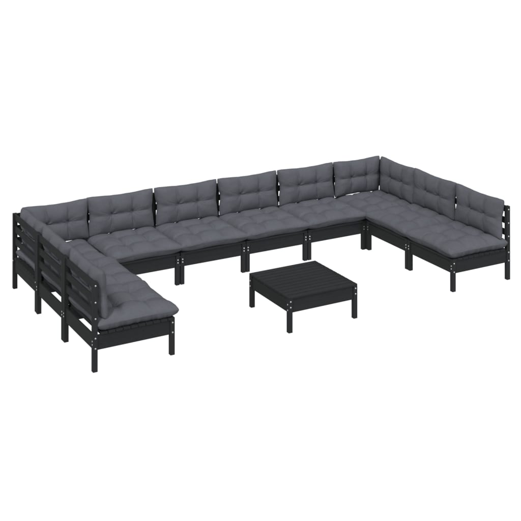 11-tlg. Garten-Lounge-Set mit Kissen Schwarz Kiefer Massivholz