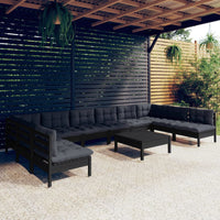 11-tlg. Garten-Lounge-Set mit Kissen Schwarz Kiefer Massivholz