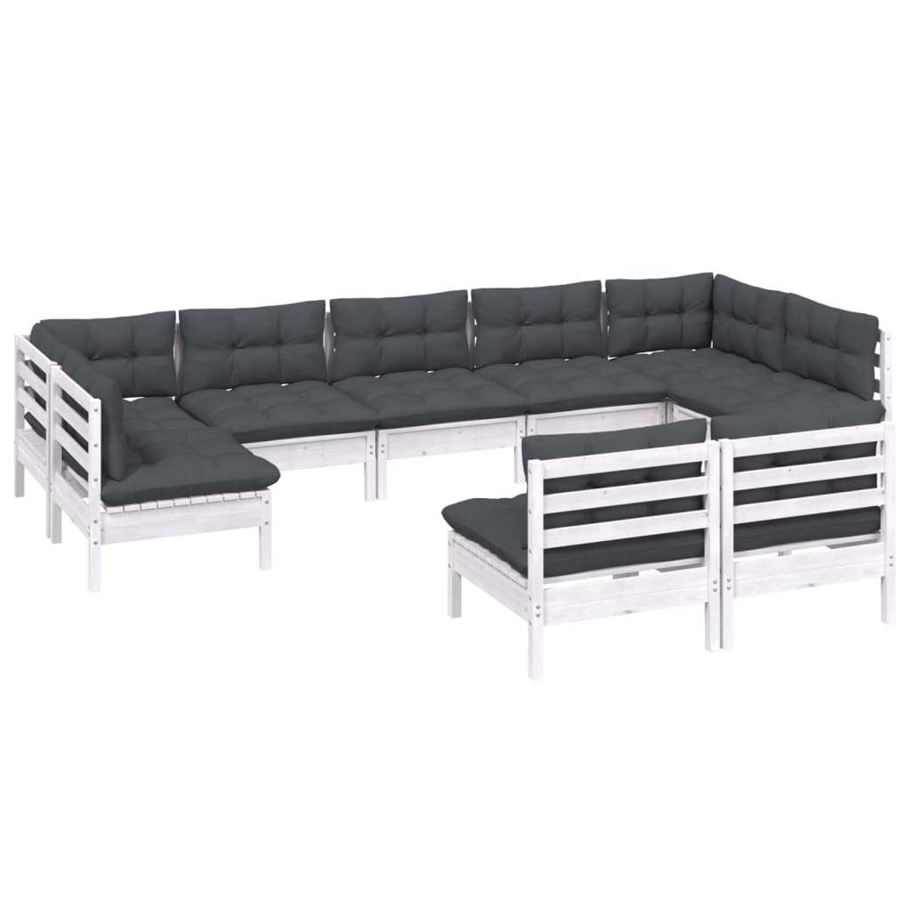 9-tlg. Garten-Lounge-Set mit Kissen Weiß Kiefer Massivholz