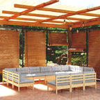 14-tlg. Garten-Lounge-Set mit Grauen Kissen Kiefer Massivholz