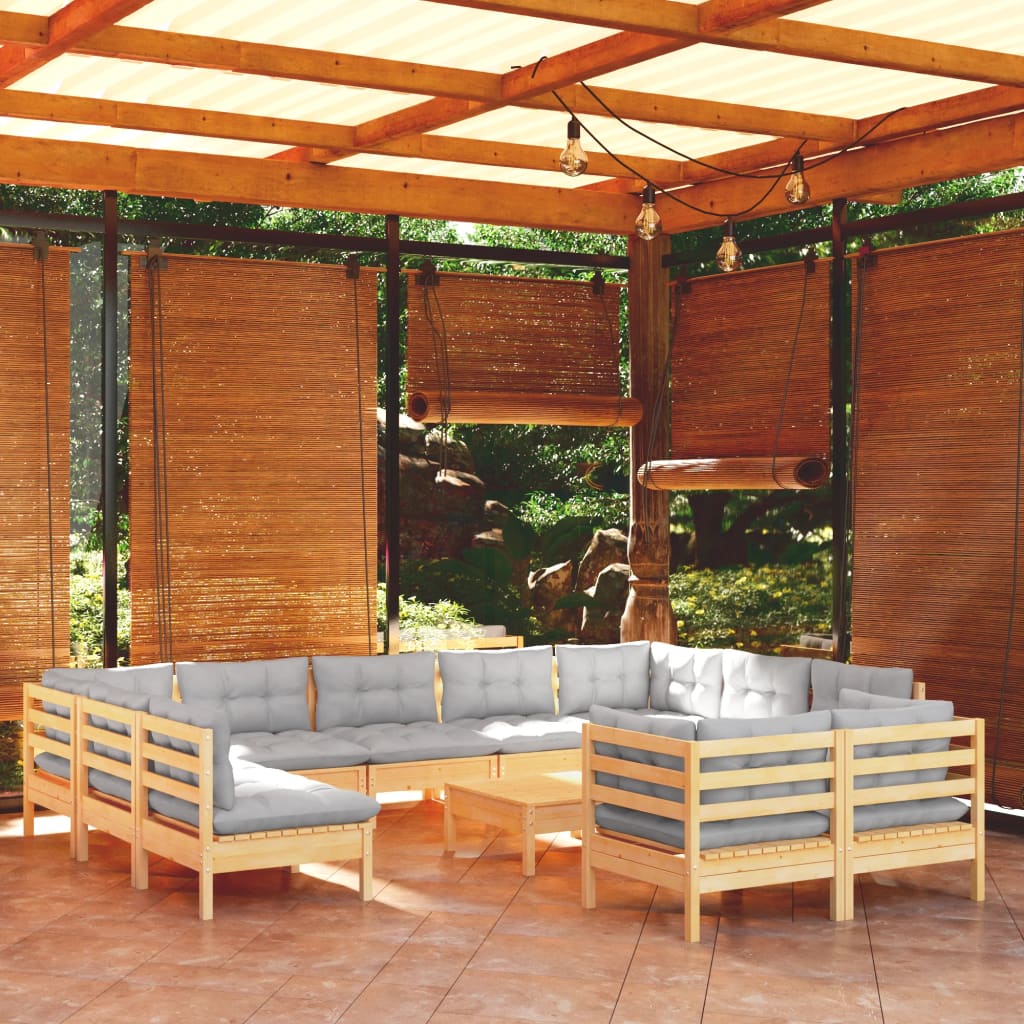12-tlg. Garten-Lounge-Set mit Grauen Kissen Kiefer Massivholz