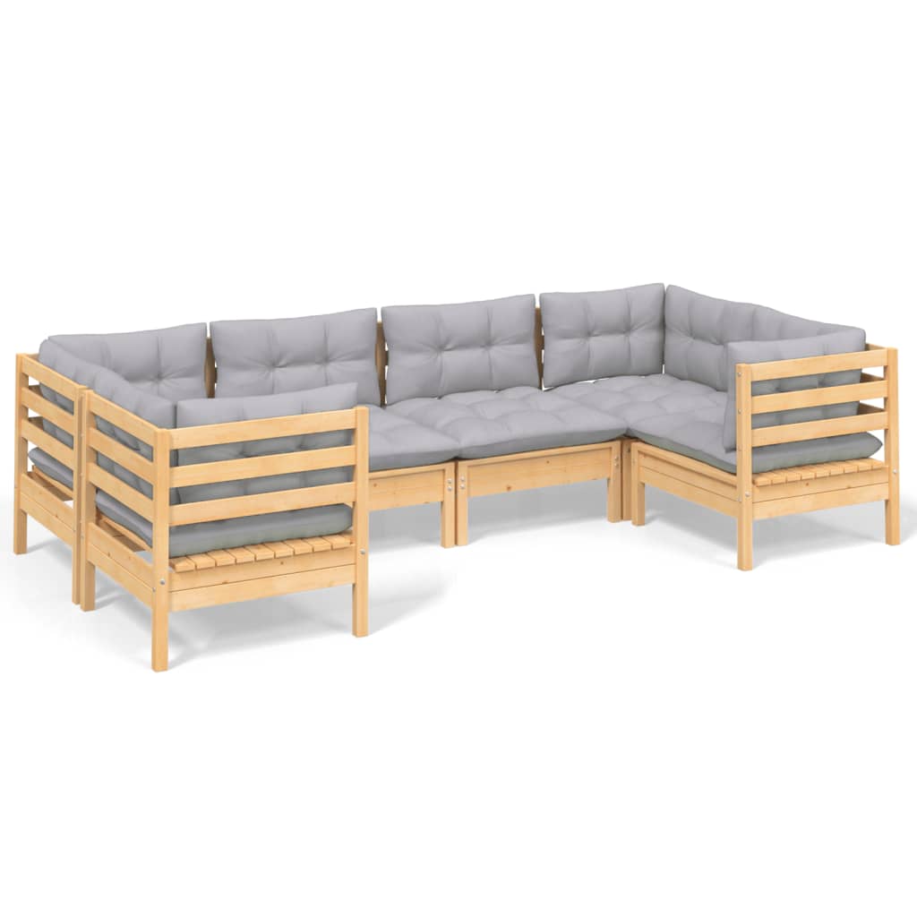 6-tlg. Garten-Lounge-Set mit Grauen Kissen Kiefernholz