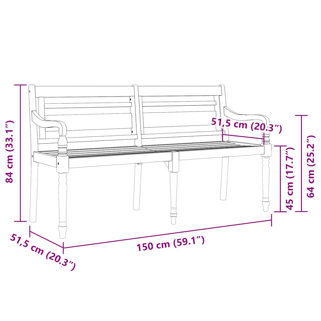 Batavia-Bank mit Weinrotem Kissen 150 cm Massivholz Teak
