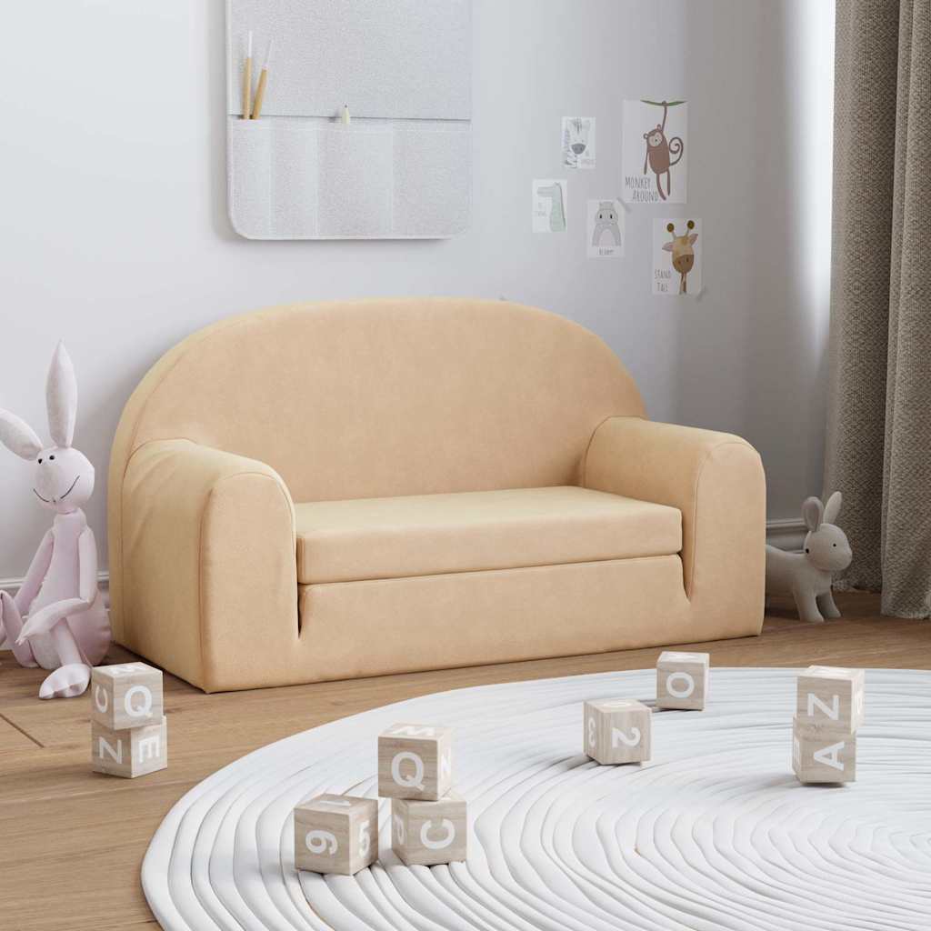 2-Sitzer Kindersofa mit Schlaffunktion Creme Weicher Plüsch