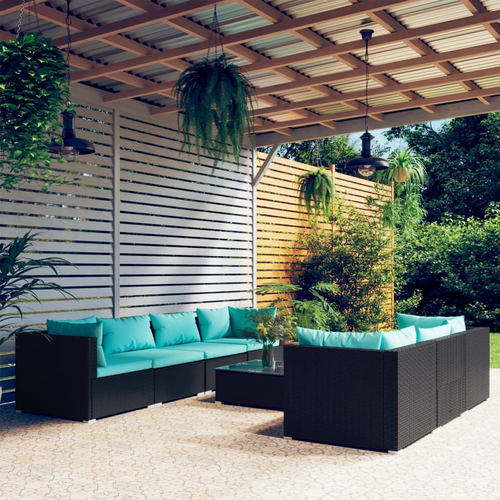 8-tlg. Garten-Lounge-Set mit Kissen Poly Rattan Schwarz