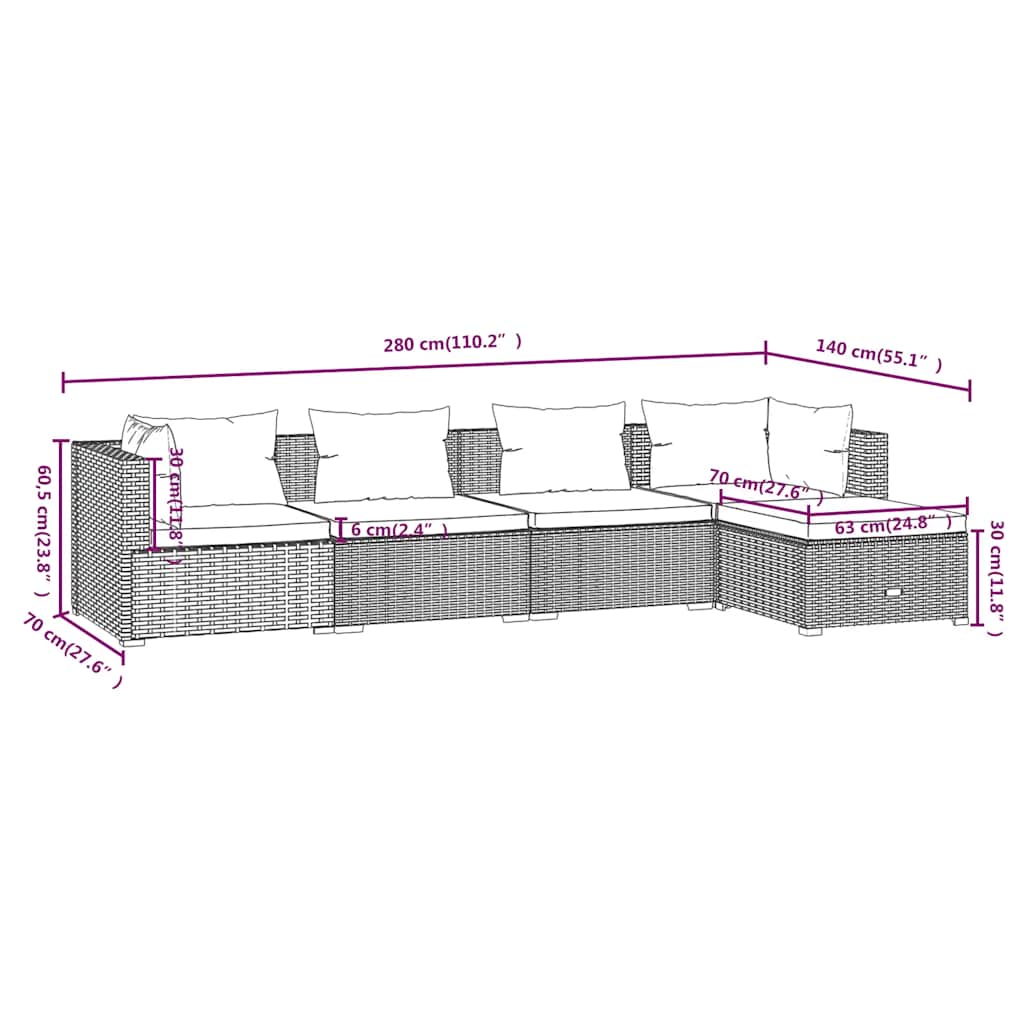 5-tlg. Garten-Lounge-Set mit Kissen Poly Rattan Schwarz