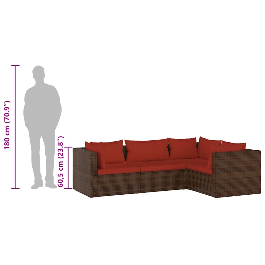 4-tlg. Garten-Lounge-Set mit Auflagen Poly Rattan Braun