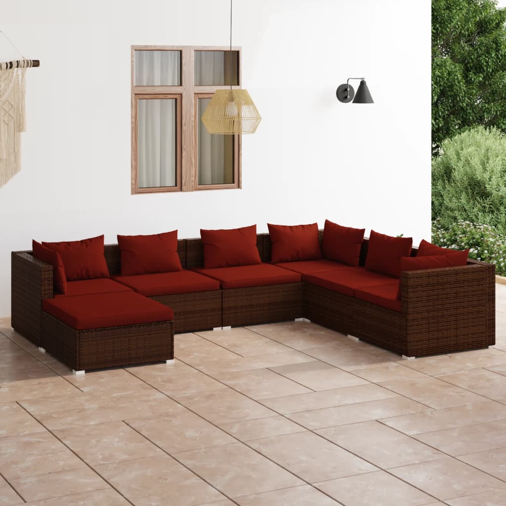 7-tlg. Garten-Lounge-Set mit Kissen Poly Rattan Braun