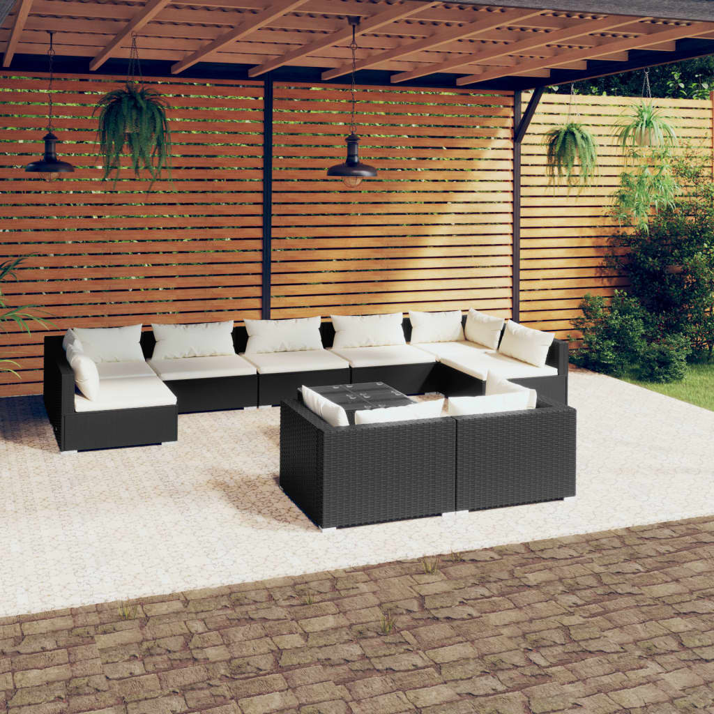 10-tlg. Garten-Lounge-Set mit Kissen Schwarz Poly Rattan