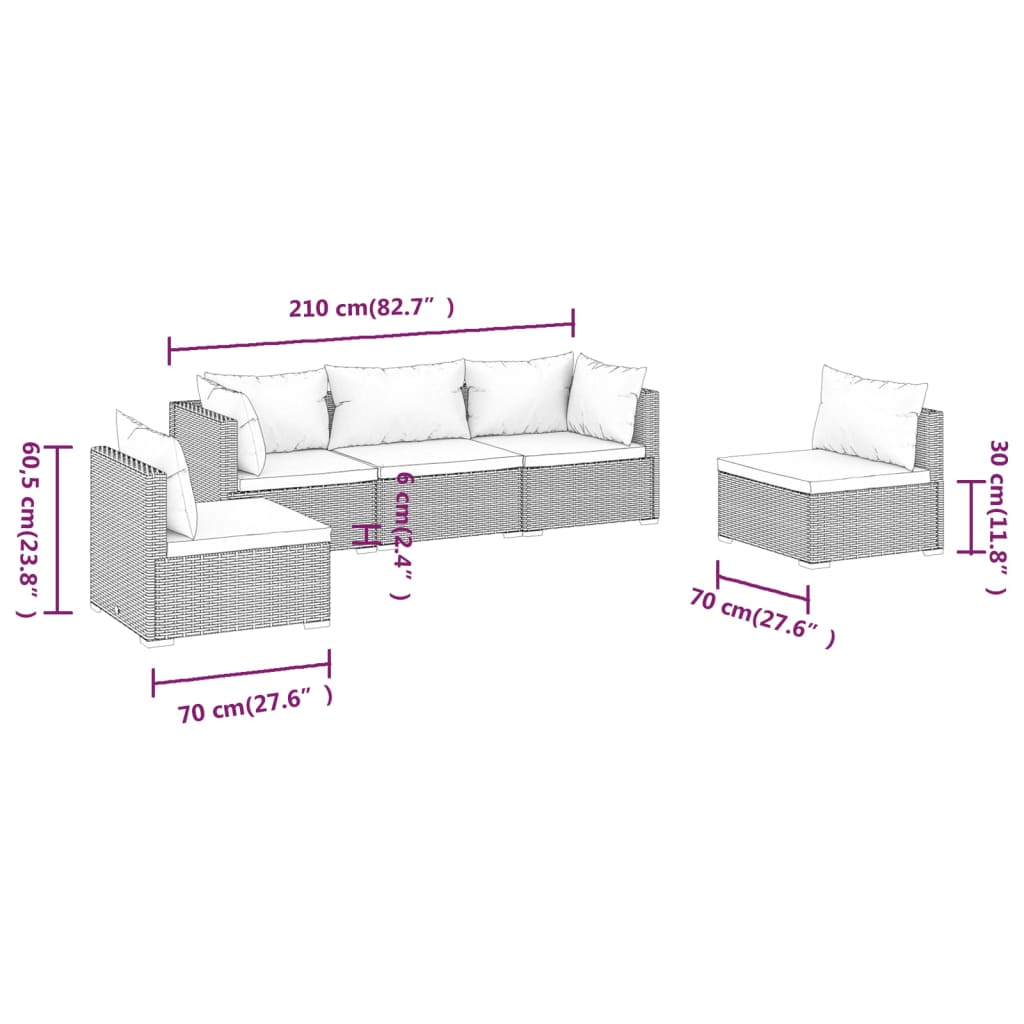 5-tlg. Garten-Lounge-Set mit Kissen Poly Rattan Braun
