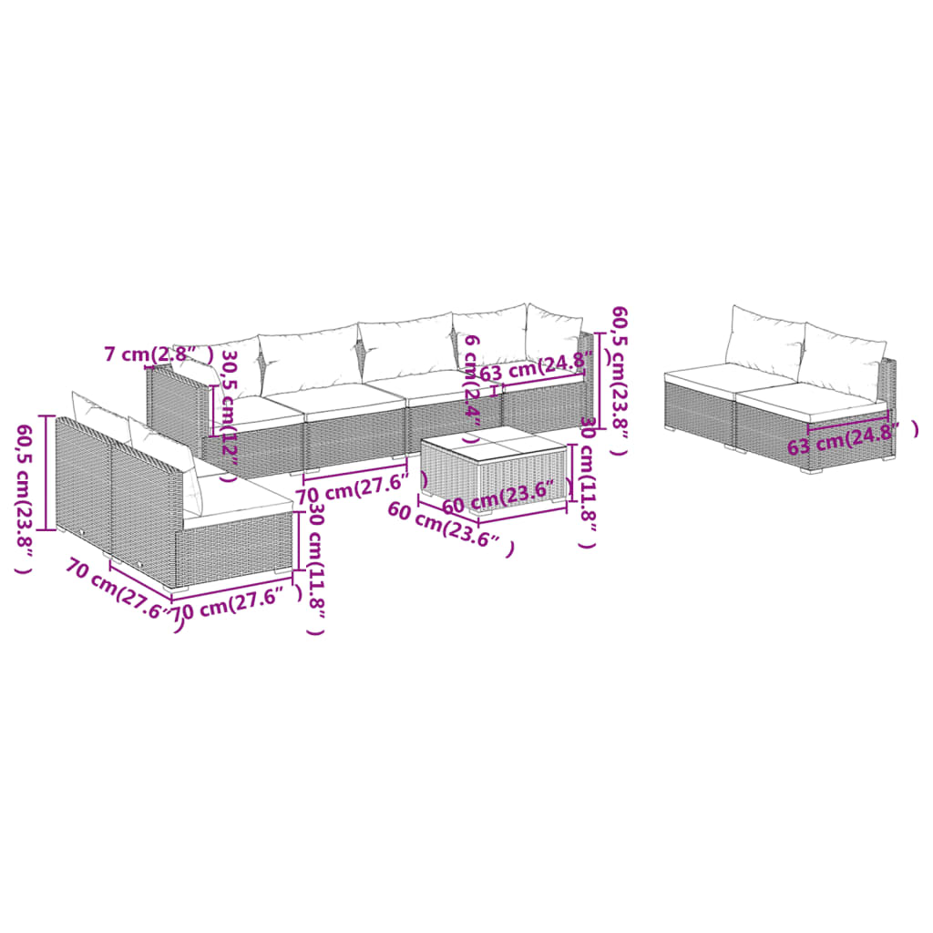 9-tlg. Garten-Lounge-Set mit Kissen Poly Rattan Braun