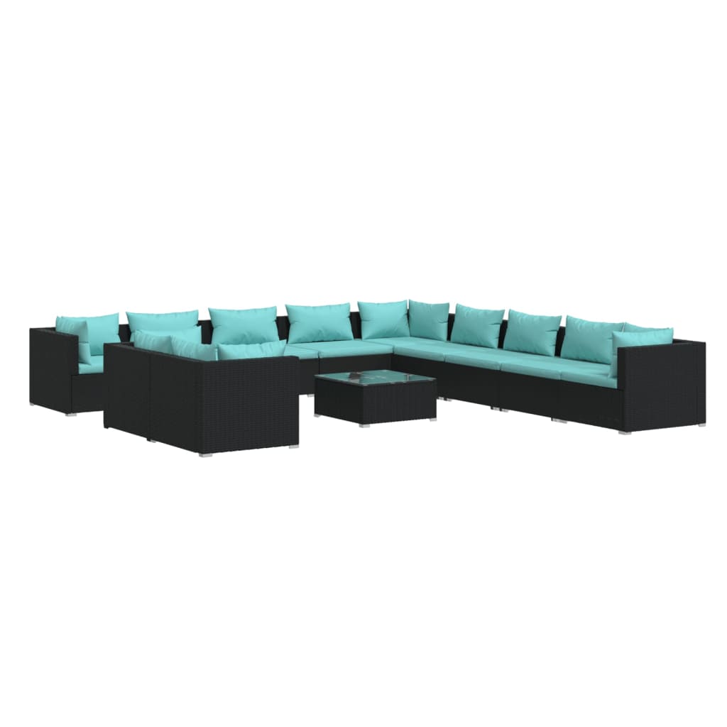12-tlg. Garten-Lounge-Set mit Kissen Schwarz Poly Rattan