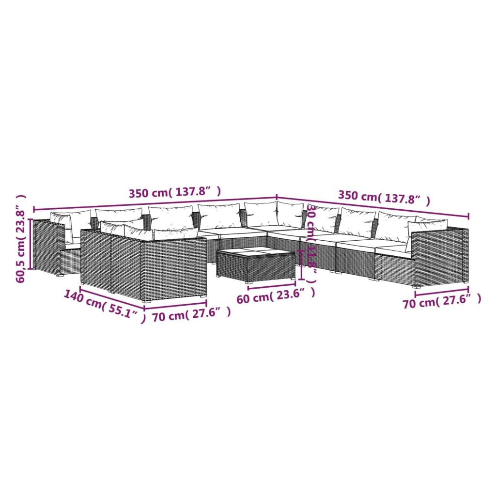 12-tlg. Garten-Lounge-Set mit Kissen Schwarz Poly Rattan