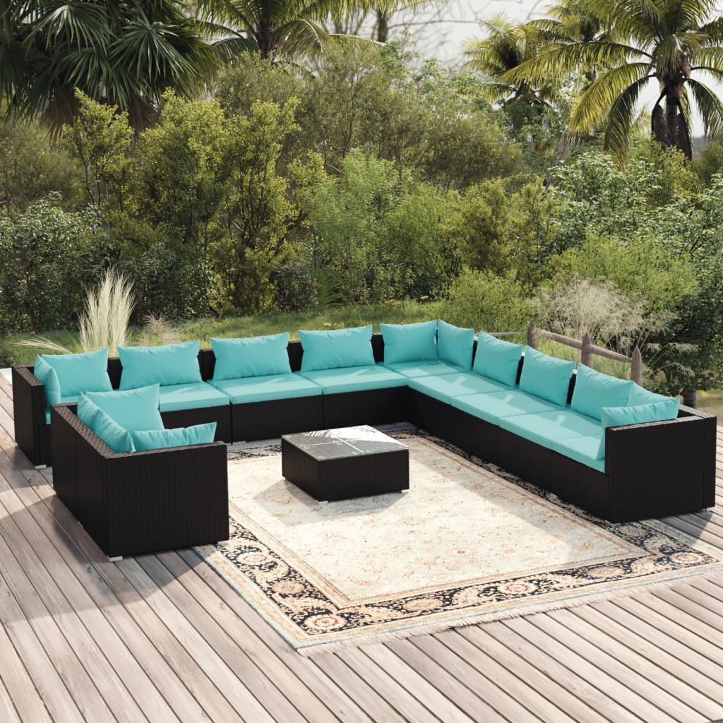 12-tlg. Garten-Lounge-Set mit Kissen Schwarz Poly Rattan
