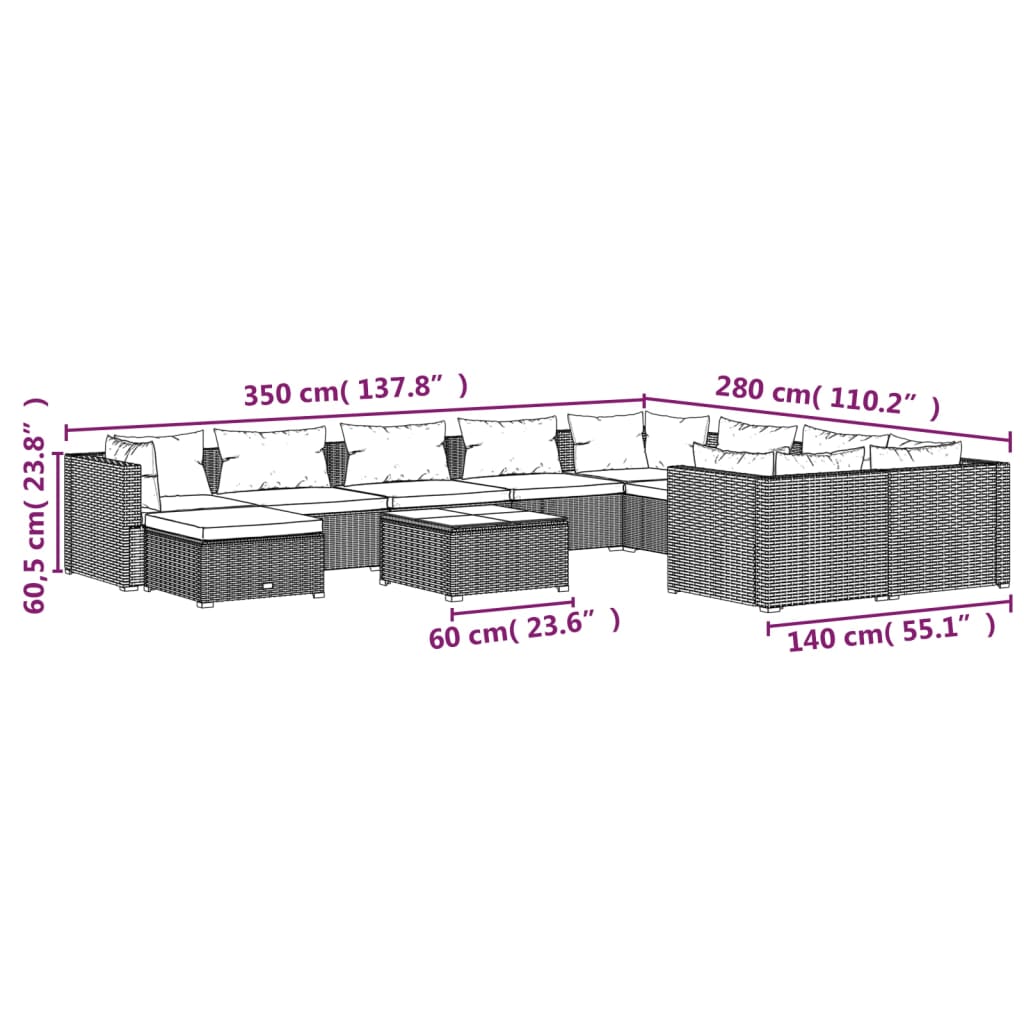 11-tlg. Garten-Lounge-Set mit Kissen Poly Rattan Schwarz
