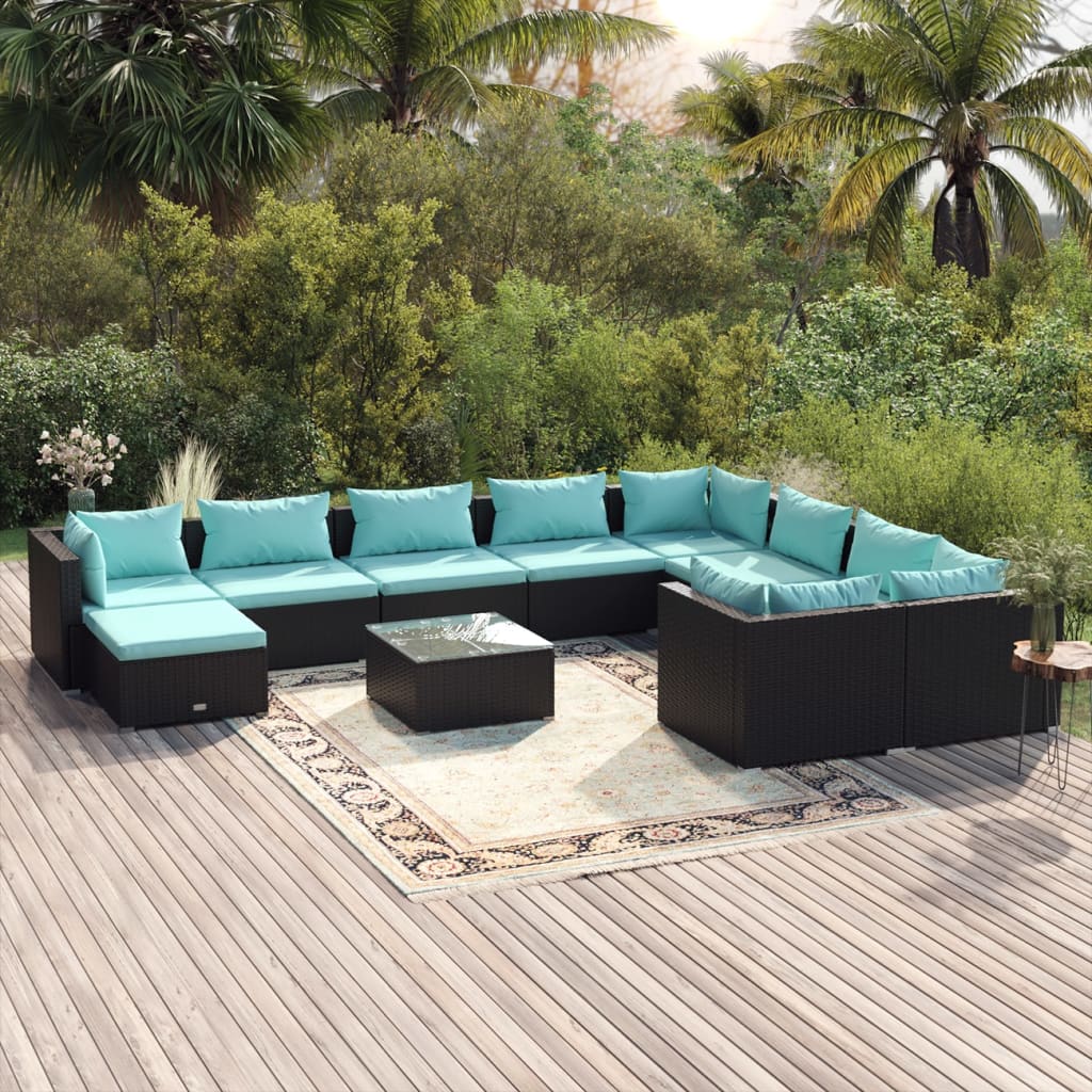 11-tlg. Garten-Lounge-Set mit Kissen Poly Rattan Schwarz