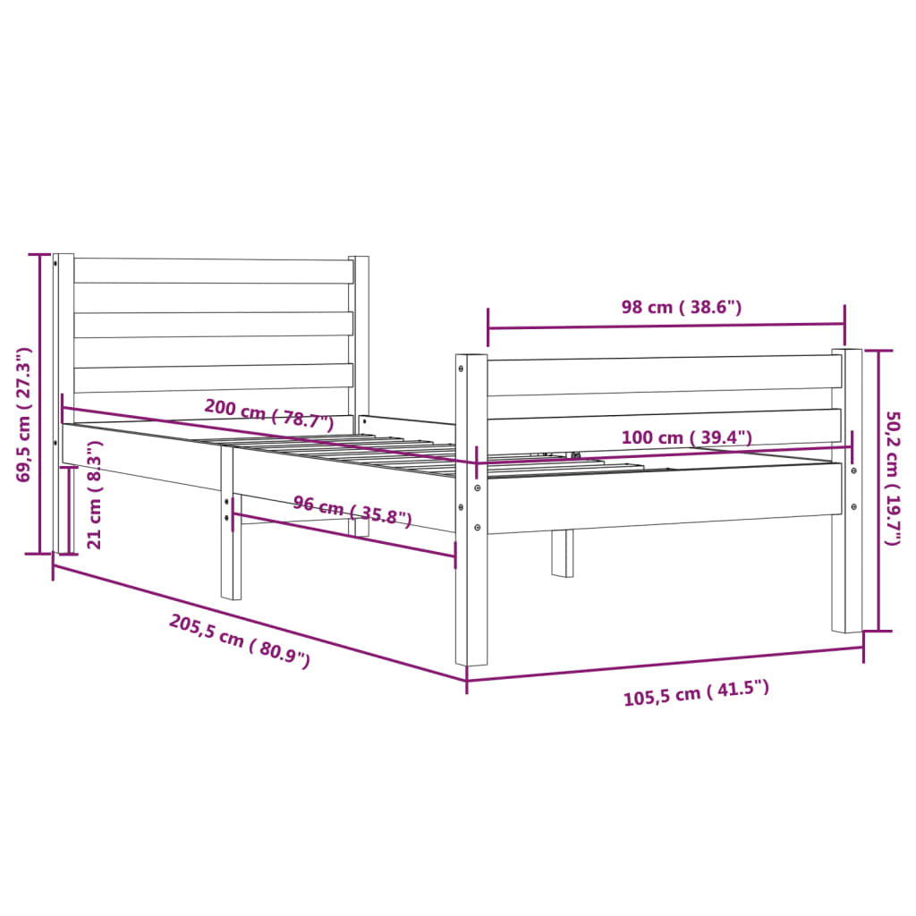 Massivholzbett Schwarz 100x200 cm