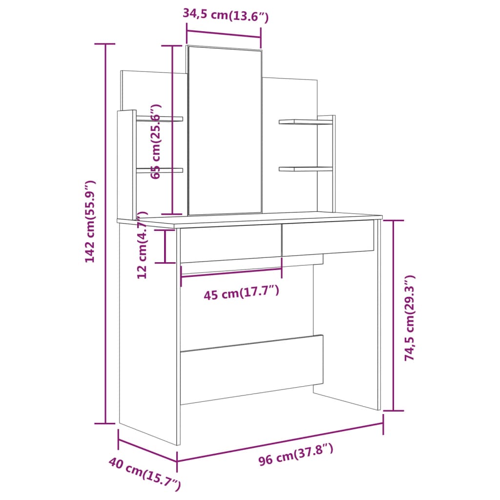 Schminktisch mit Spiegel Sonoma-Eiche 96x40x142 cm